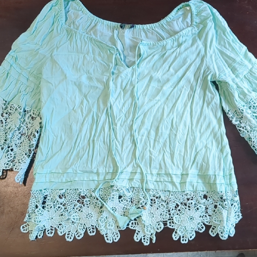 Hale Bob Green Embellished Relaxed 3/4 Sleeve Boho Blouse Peasant Top